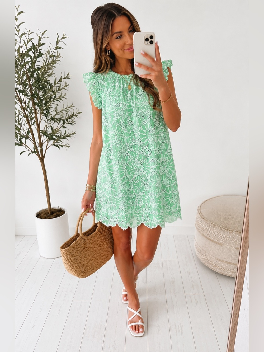 LOFT Green Eyelet Mini Dress Size 4 New!